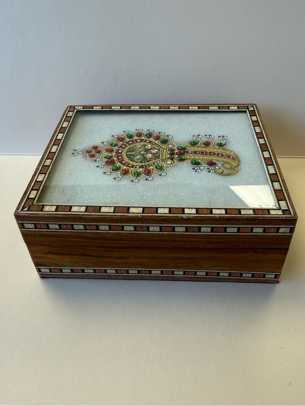 Vintage India Wood Inlay Jewelry Trinket Keepsake Box w/ Mosaic Stone Accent Lid